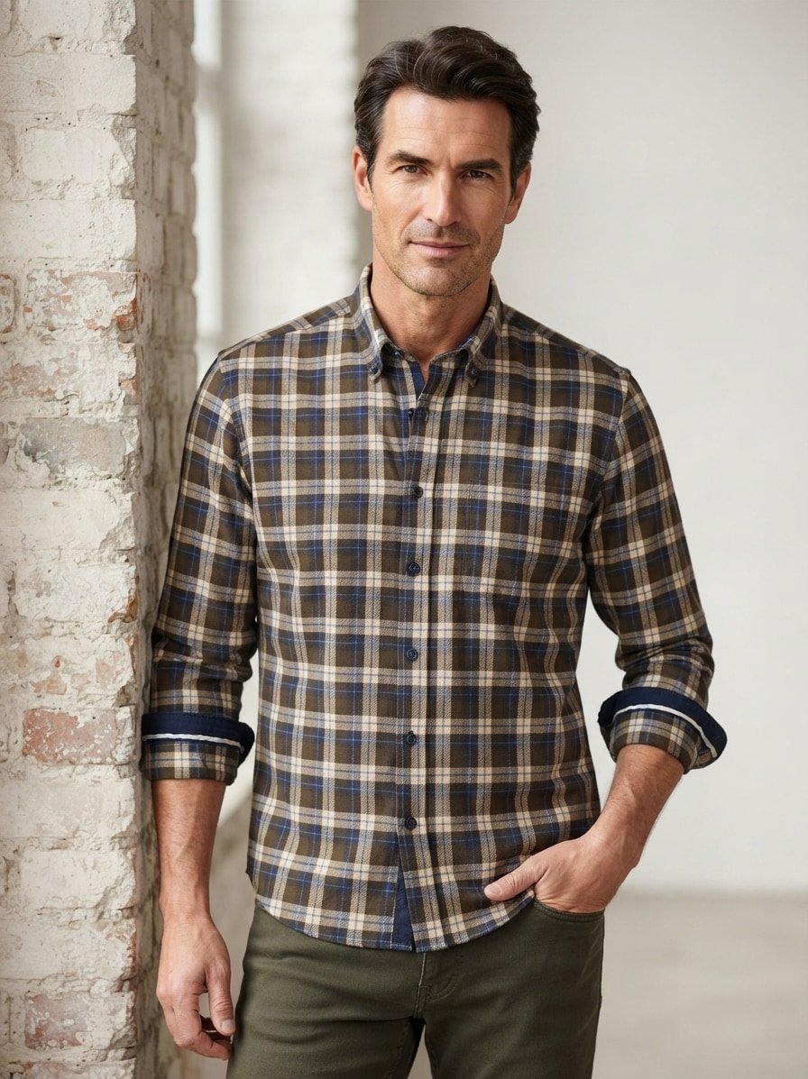 Hemd, Casual, Flanell, Button-Down, braun-blau kariert
