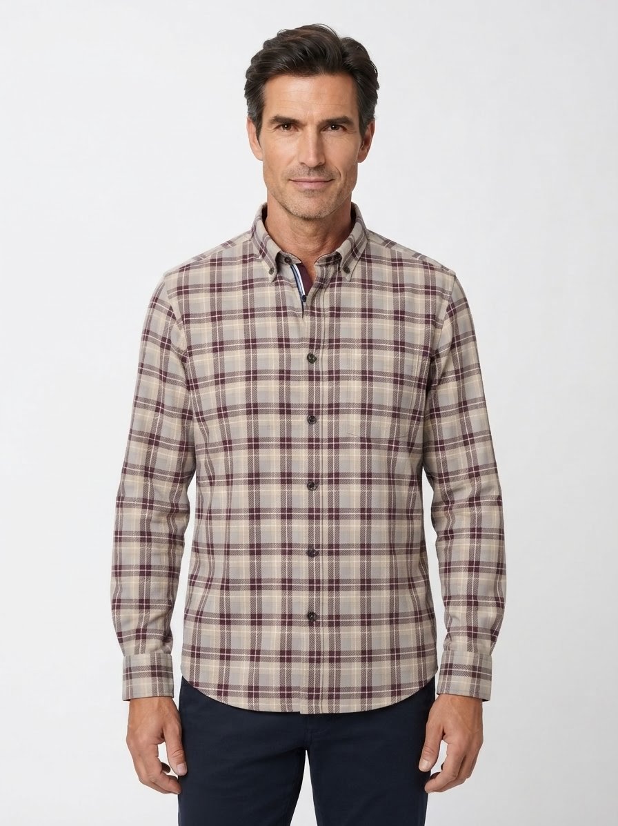 Hemd, Casual, Flanell, Button-Down, braun-beige kariert