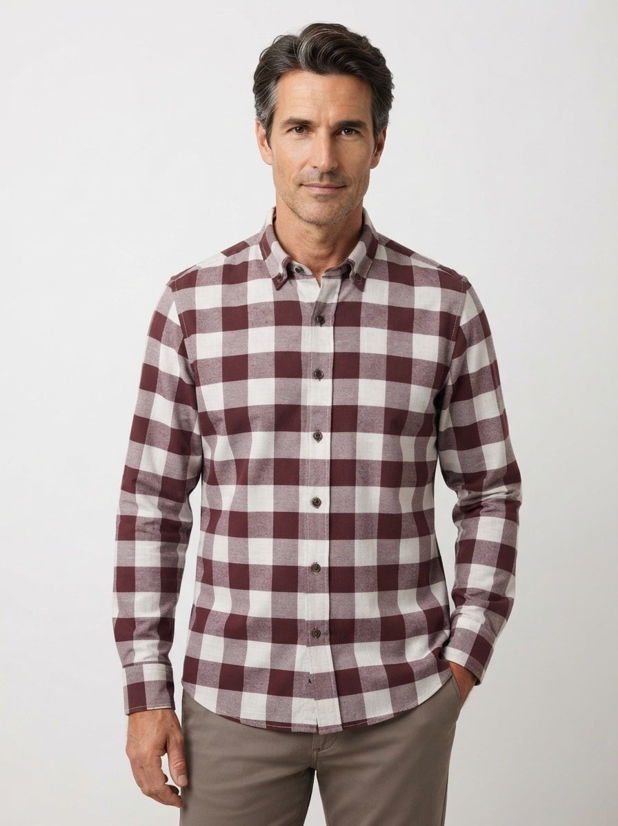 Hemd, Casual, Baumwolle-Lyocell, Button-Down, dunkelrot-weiß kariert