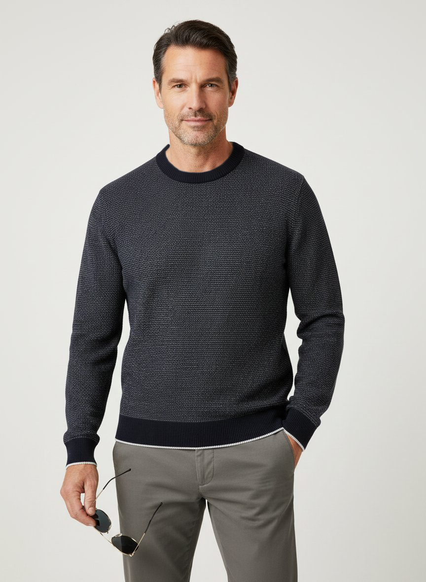 Pullover, Baumwolle, nachtblau-ecru meliert