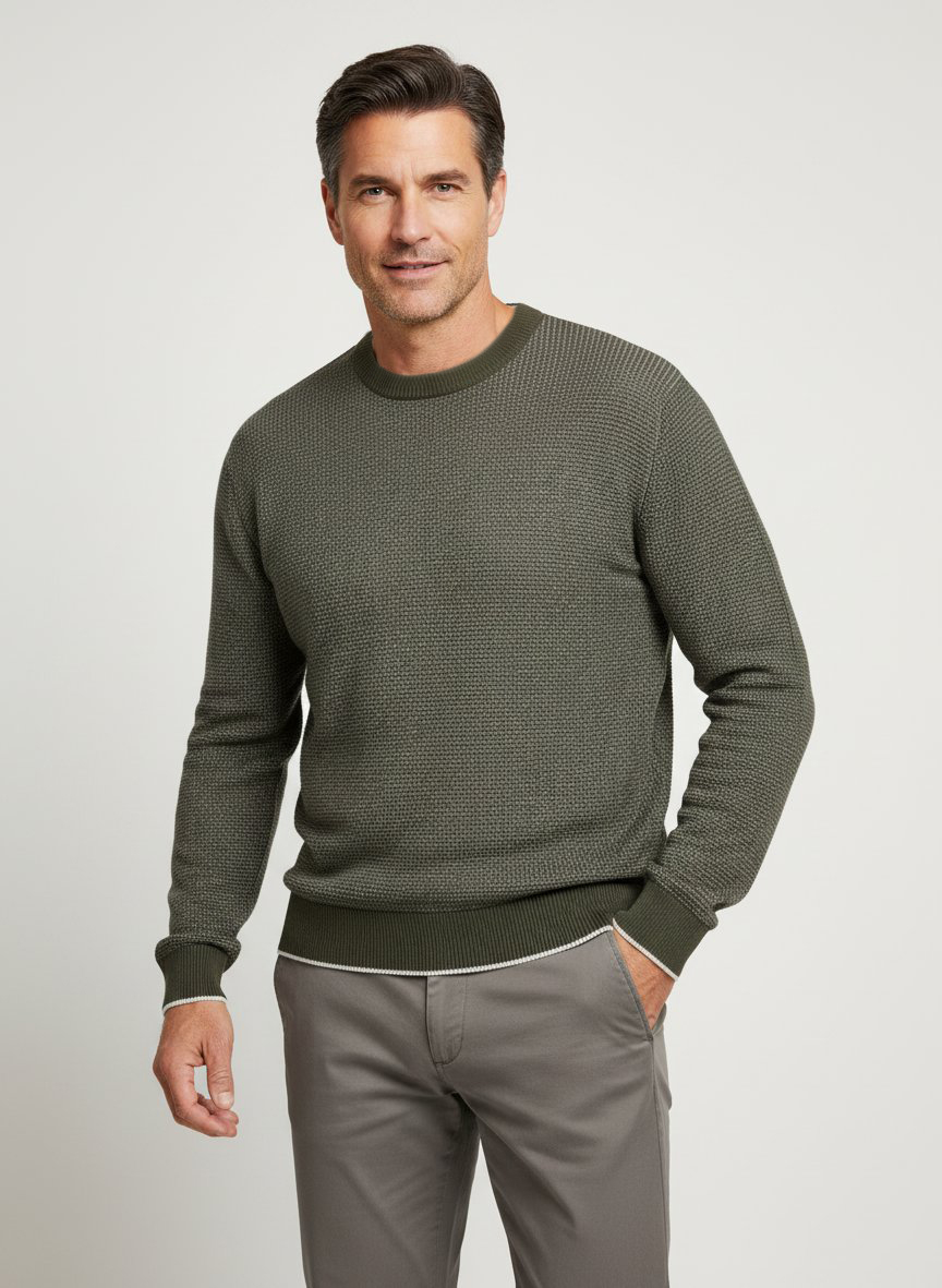 Pullover, Baumwolle, dunkelgrün-ecru meliert