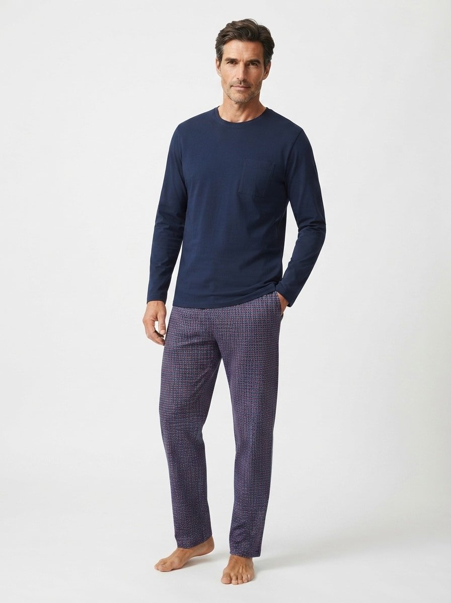 Pyjama, Baumwoll-Jersey, yachtblue gemustert