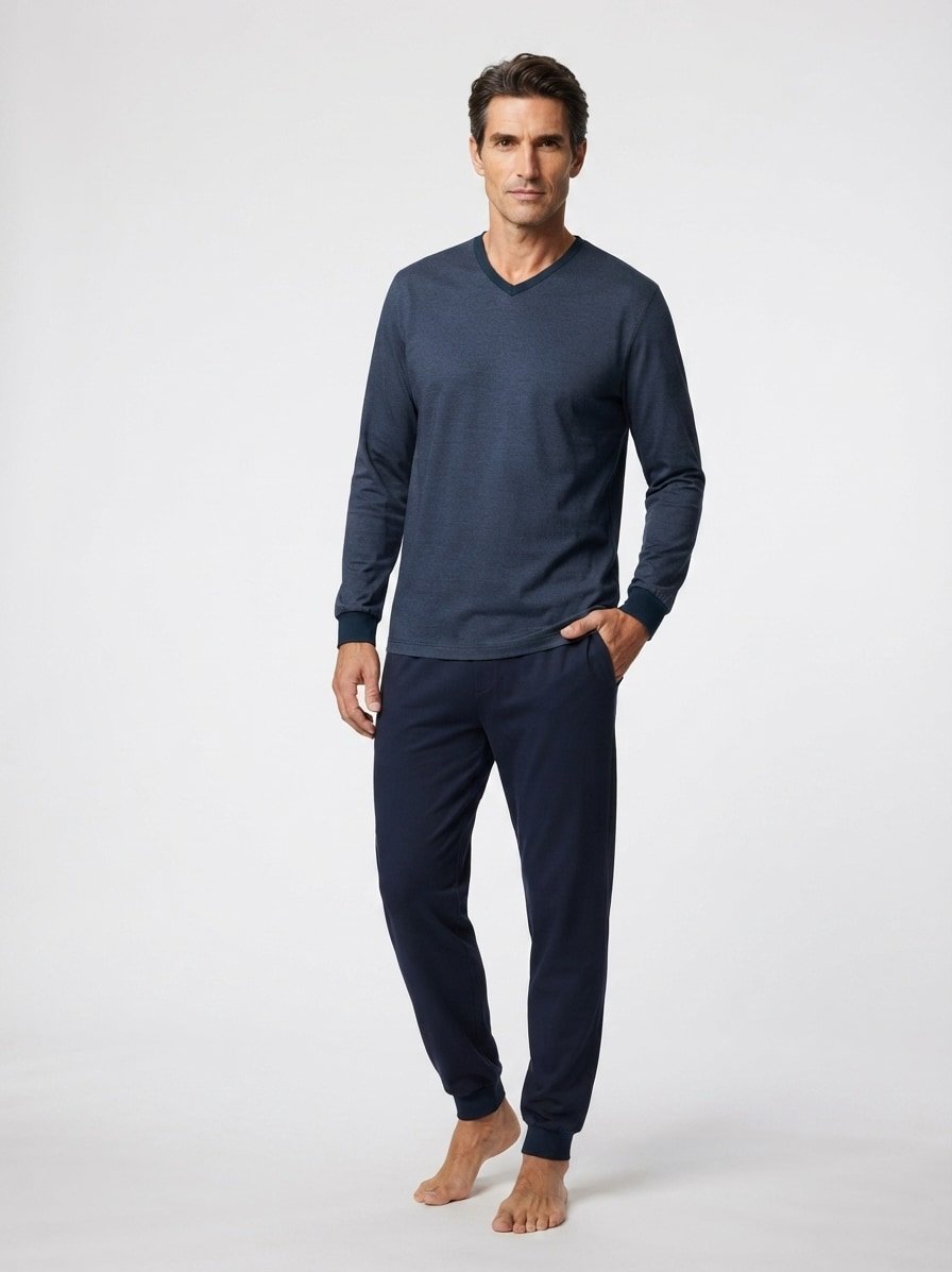 Pyjama, Baumwoll-Jersey, yachtblue gestreift