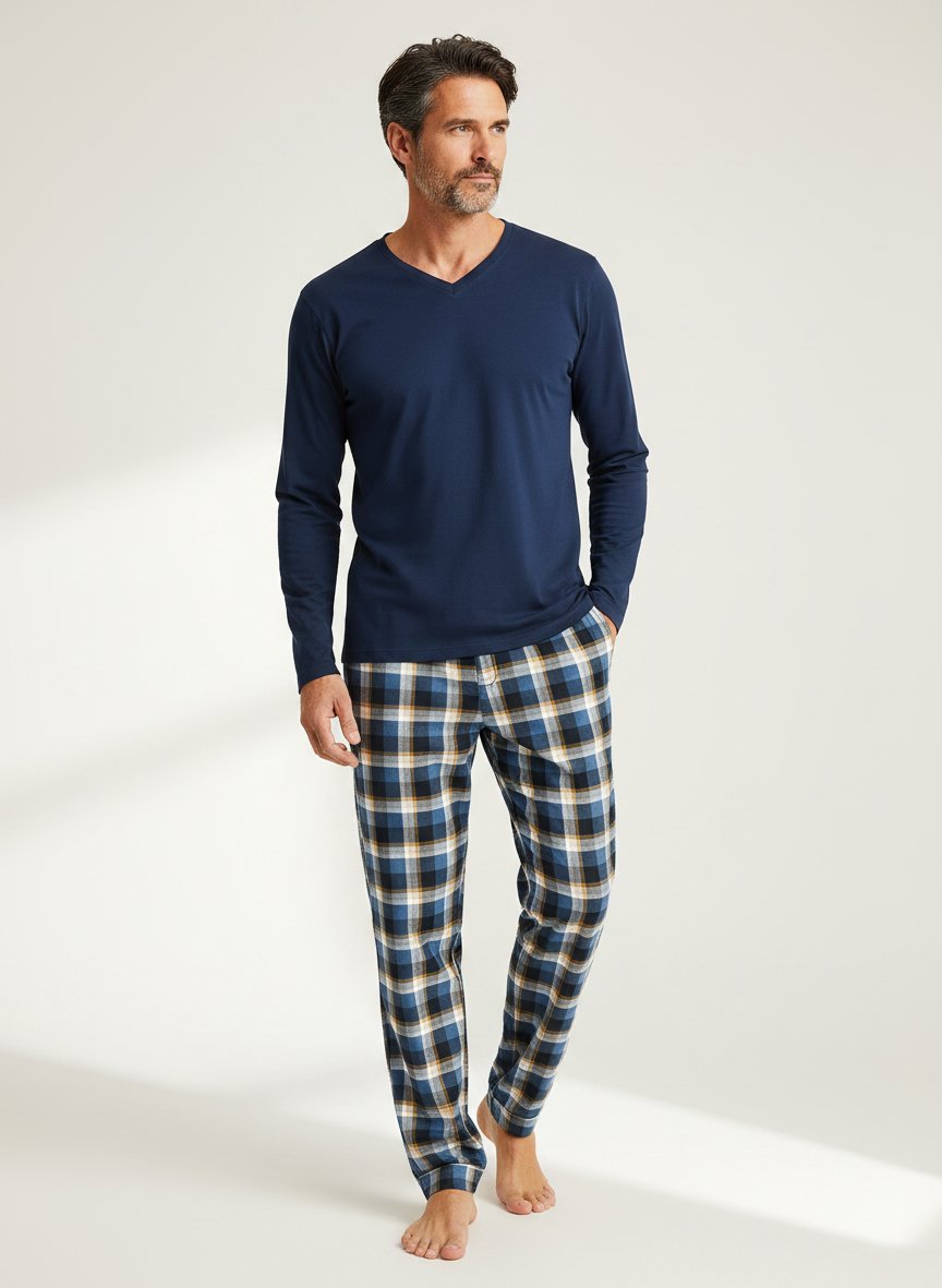 Pyjama, Baumwoll-Jersey, blau-gelb kariert