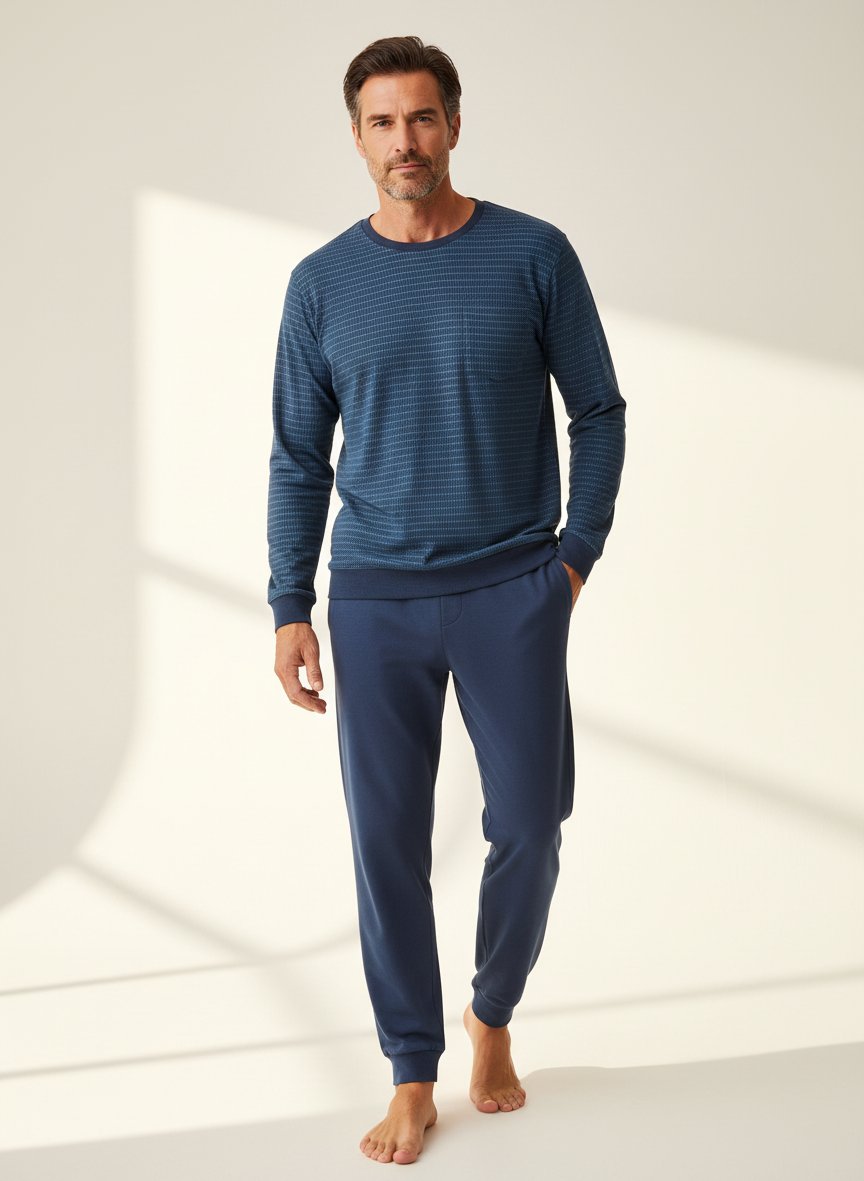Pyjama, Baumwoll-Jersey, deep blue gemustert