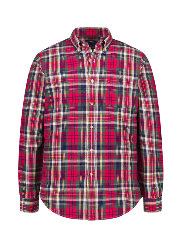 Hemd, Custom Fit, Oxford, Baumwolle, Button Down, Brusttasche, rot-grün kariert