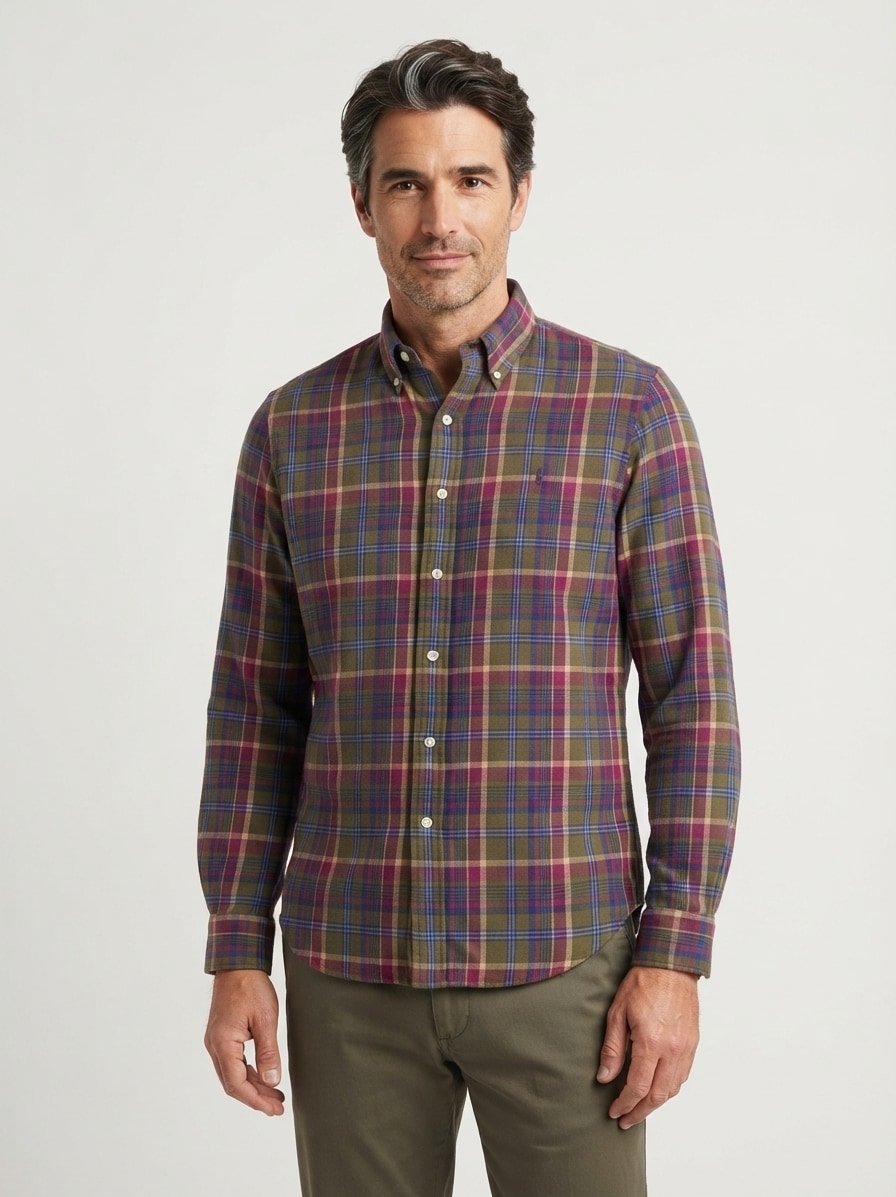 Hemd, Custom Fit, Flanell, Button Down, oliv-rot-blau kariert