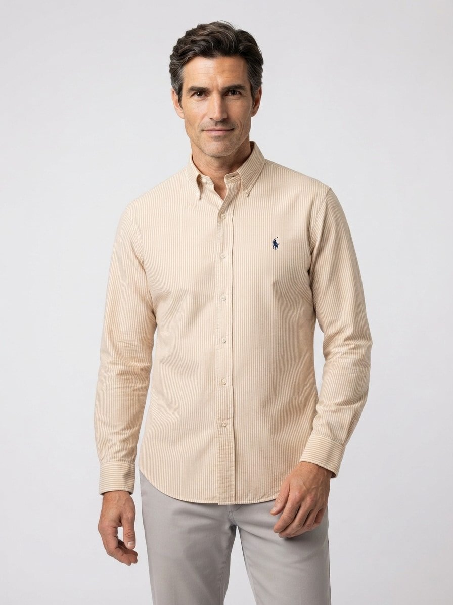 Hemd, Custom Fit, Baumwolle, Button-Down, braunbeige gestreift