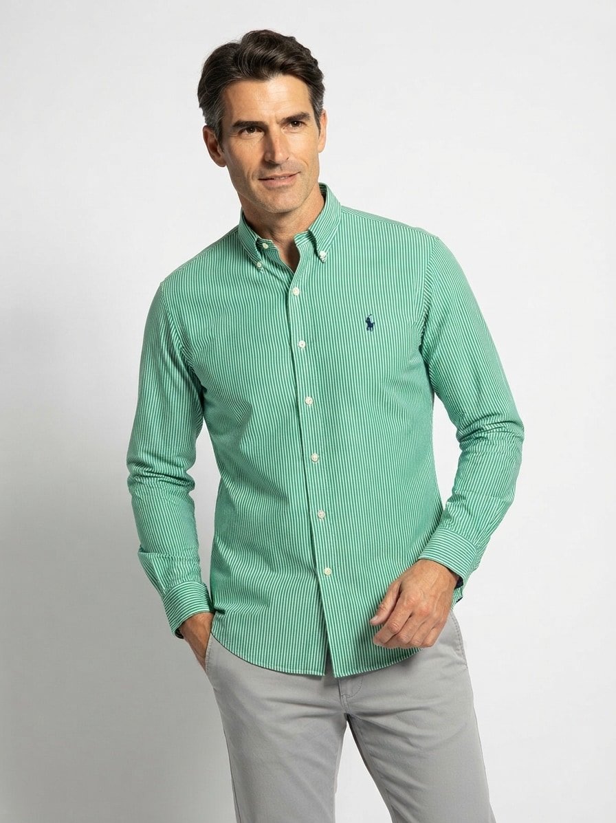 Hemd, Custom Fit, Baumwolle, Button-Down, grün gestreift