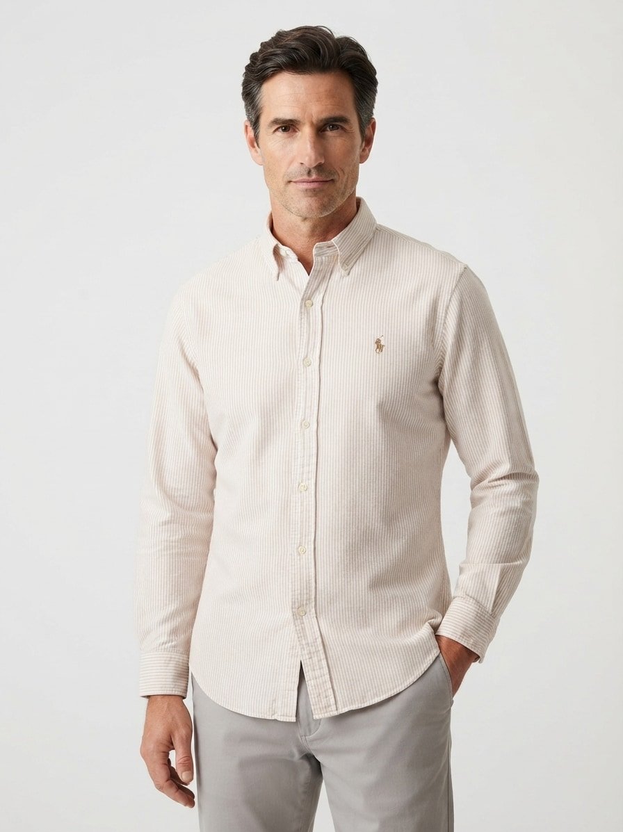 Hemd, Custom Fit, Baumwoll-Stretch, Button-Down, braunbeige gestreift