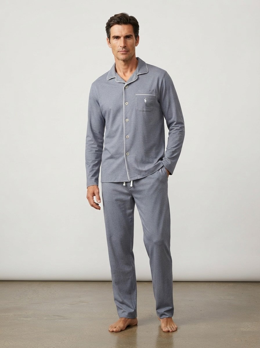Pyjama, Baumwoll-Piqué, navy meliert