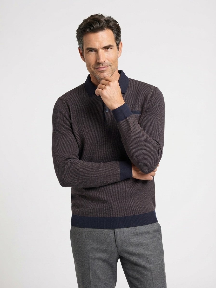 Polo-Shirt, Baumwoll-Mischung, dunkelbraun-navy melange