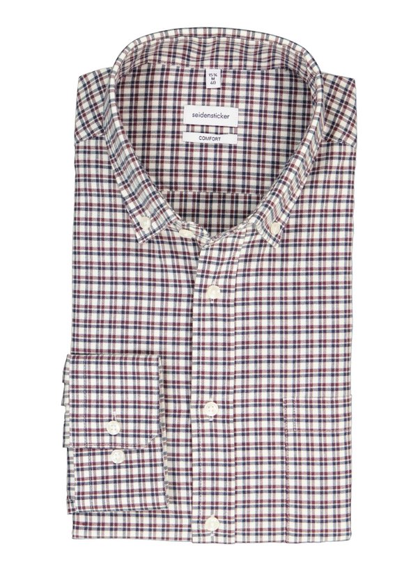 Hemd, Comfort, Flanell, Button-Down, Brusttasche, weiß-weinrot kariert