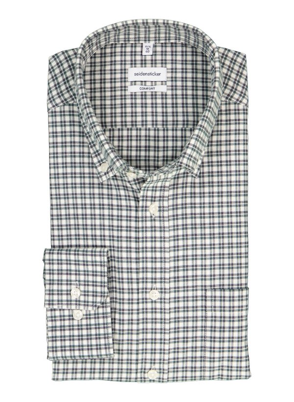 Hemd, Comfort, Flanell, Button-Down, Brusttasche, weiß-dunkelgrün kariert