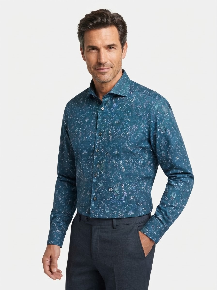 Hemd, Comfort, Twill, Kent, blau floral
