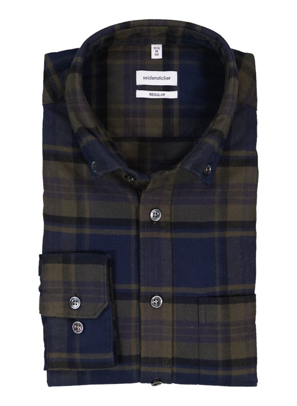Hemd, Comfort, Flanell, Button-Down, Brusttasche, dunkeloliv-blau