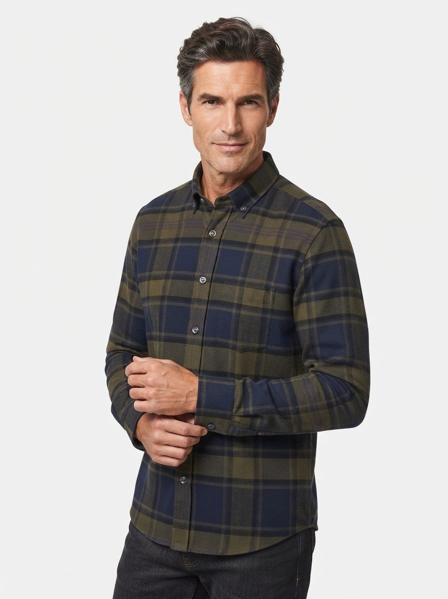 Hemd, Comfort, Flanell, Button-Down, Brusttasche, dunkeloliv-blau