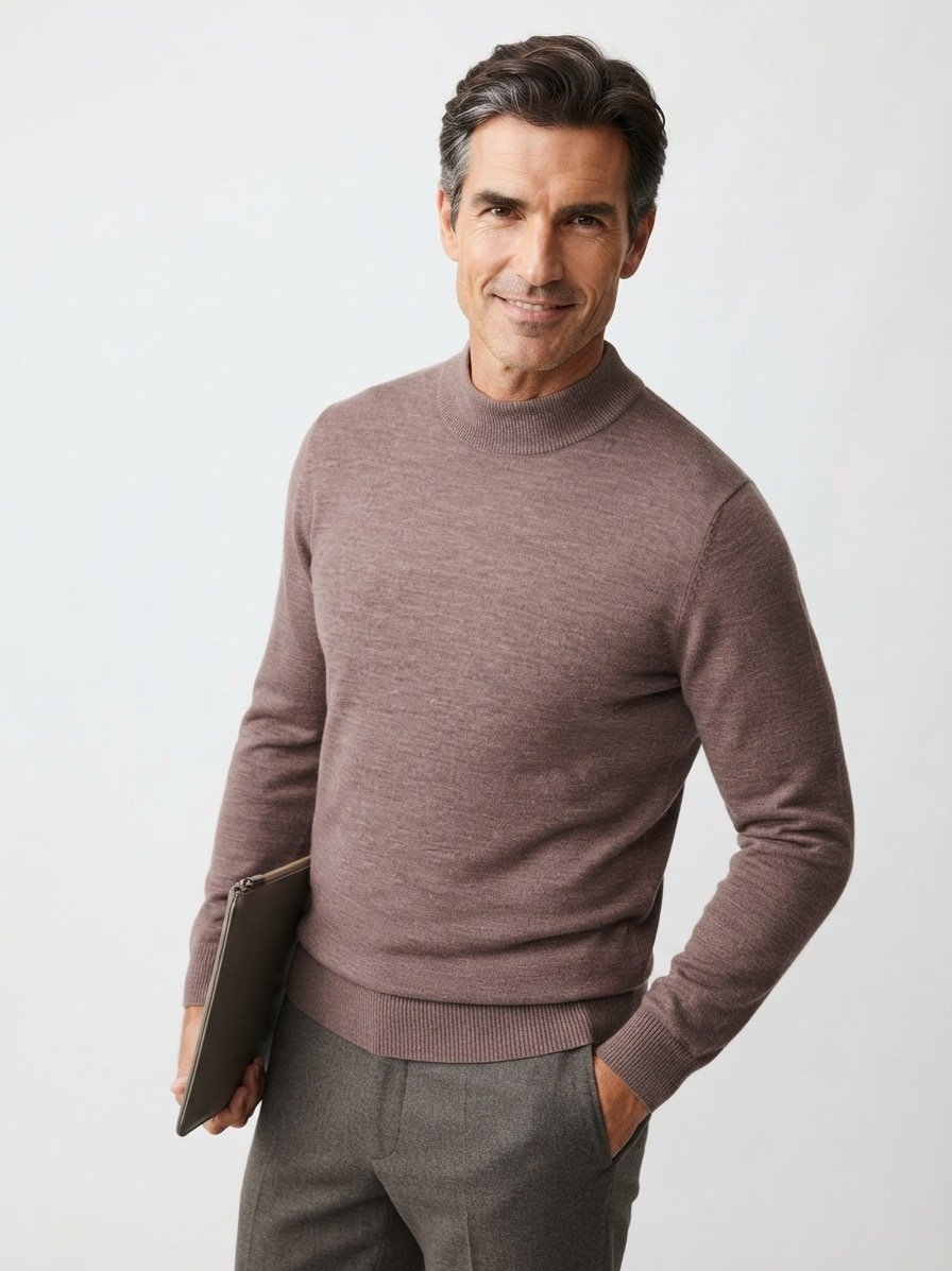 Stehkragenpullover, Merinowolle superwashed, dunkelbraun meliert