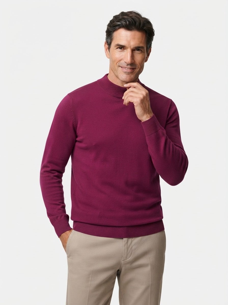 Stehkragenpullover, Merinowolle superwashed, dunkelrot meliert