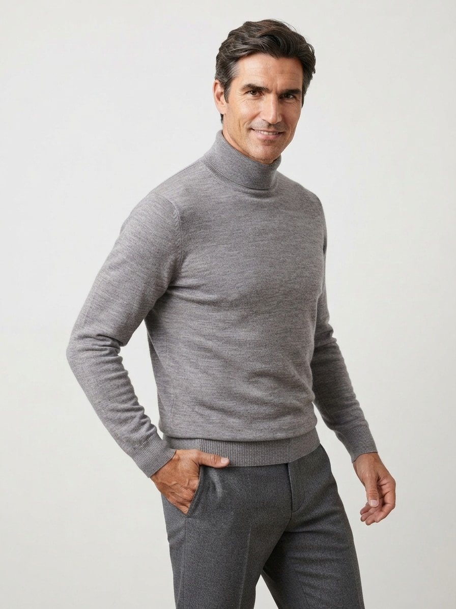 Rollkragen Pullover, Merinowolle waschbar, grau meliert