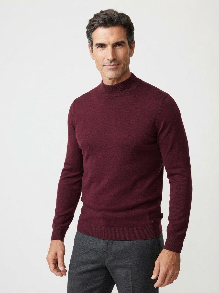 Stehkragen, Modern Fit, Merinowolle superwash, dunkelrot meliert