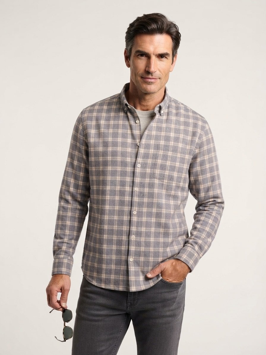 Hemd, Flanell, Button-Down, Brusttasche, grau-greige kariert