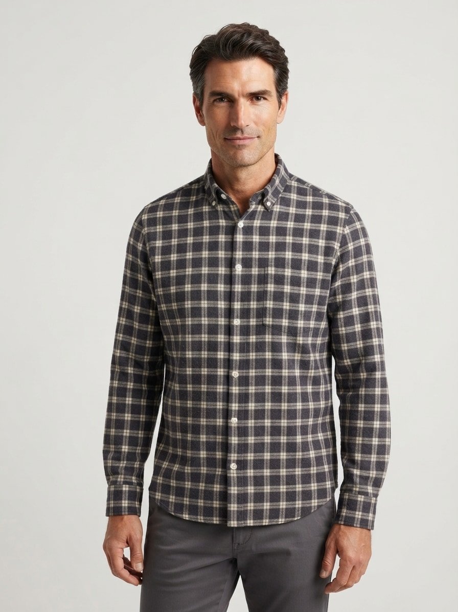 Hemd, Flanell, Button-Down, Brusttasche, anthrazit-ecru kariert