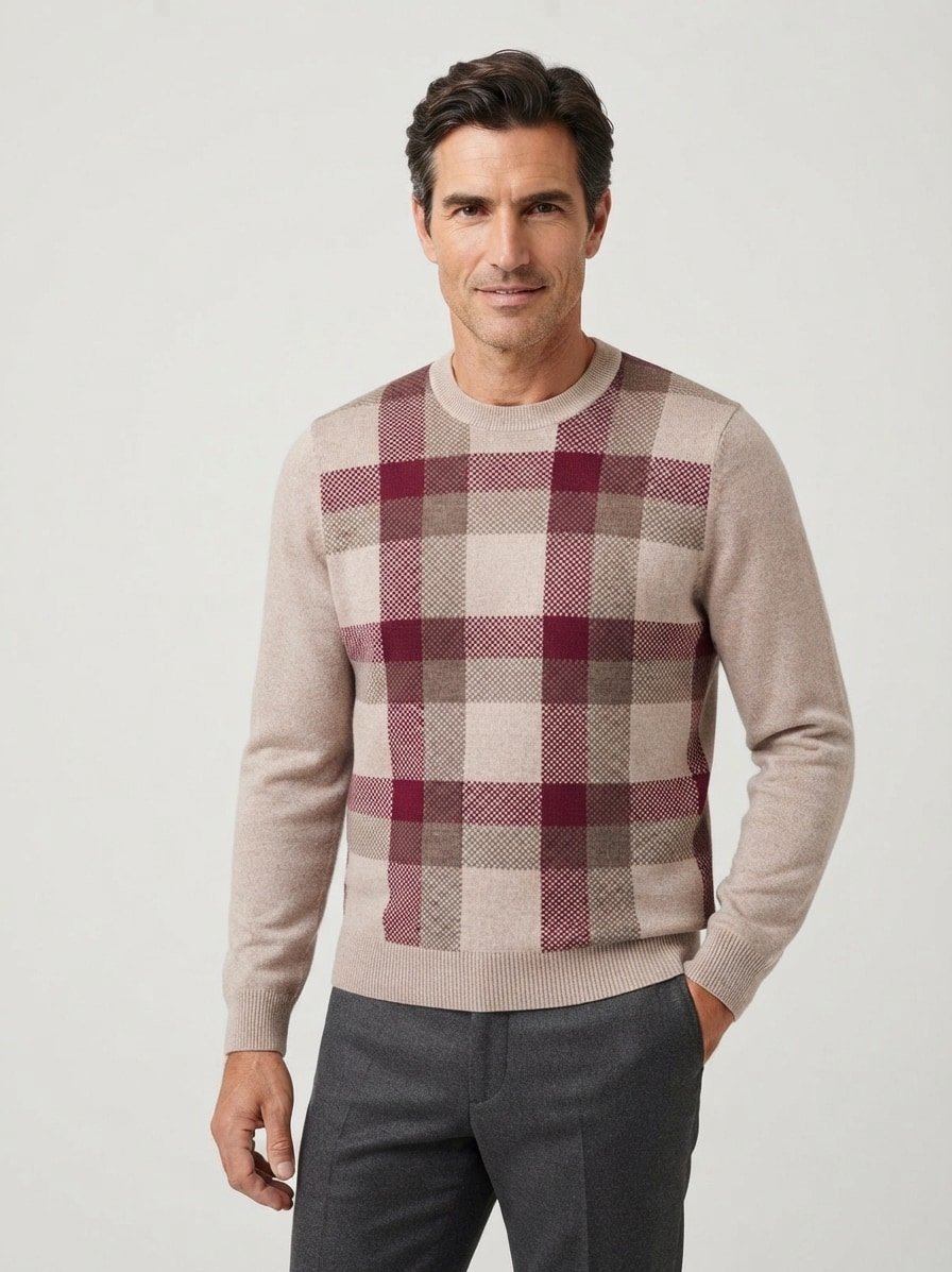 Pullover, Schurwolle, braun mit Karo