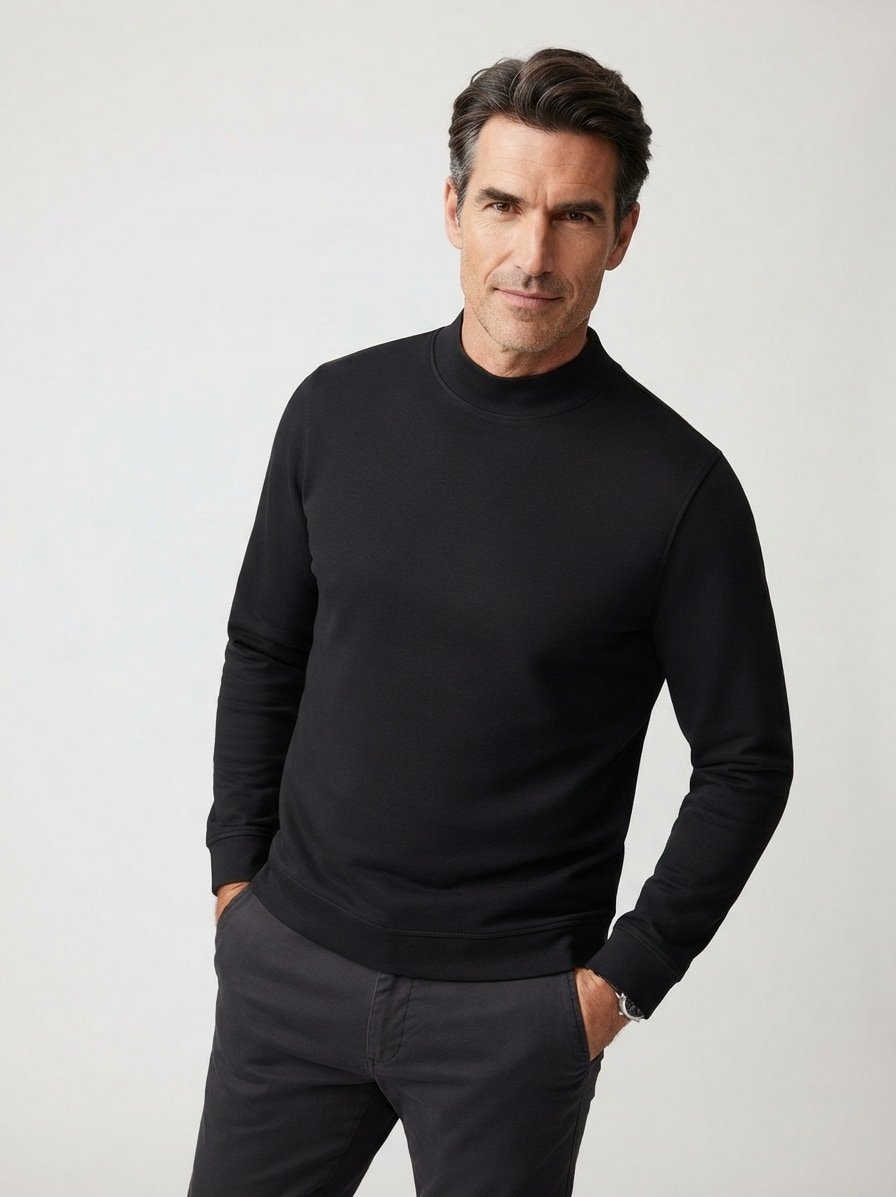 Longsleeve, Stehkragen, Pima Baumwolle, schwarz