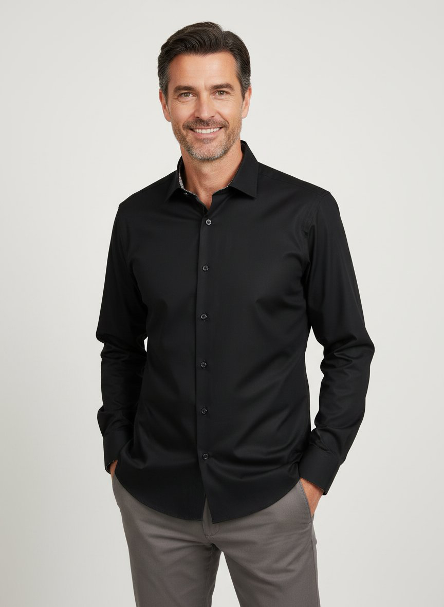 Hemd, New Modern, Baumwoll-Stretch, Kent, Extra langer Arm, Brusttasche, schwarz
