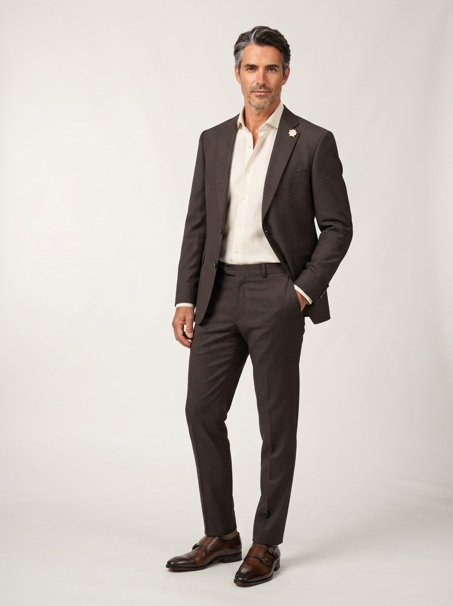 Anzug, Slim Fit, Schurwolle, dunkelbraun meliert