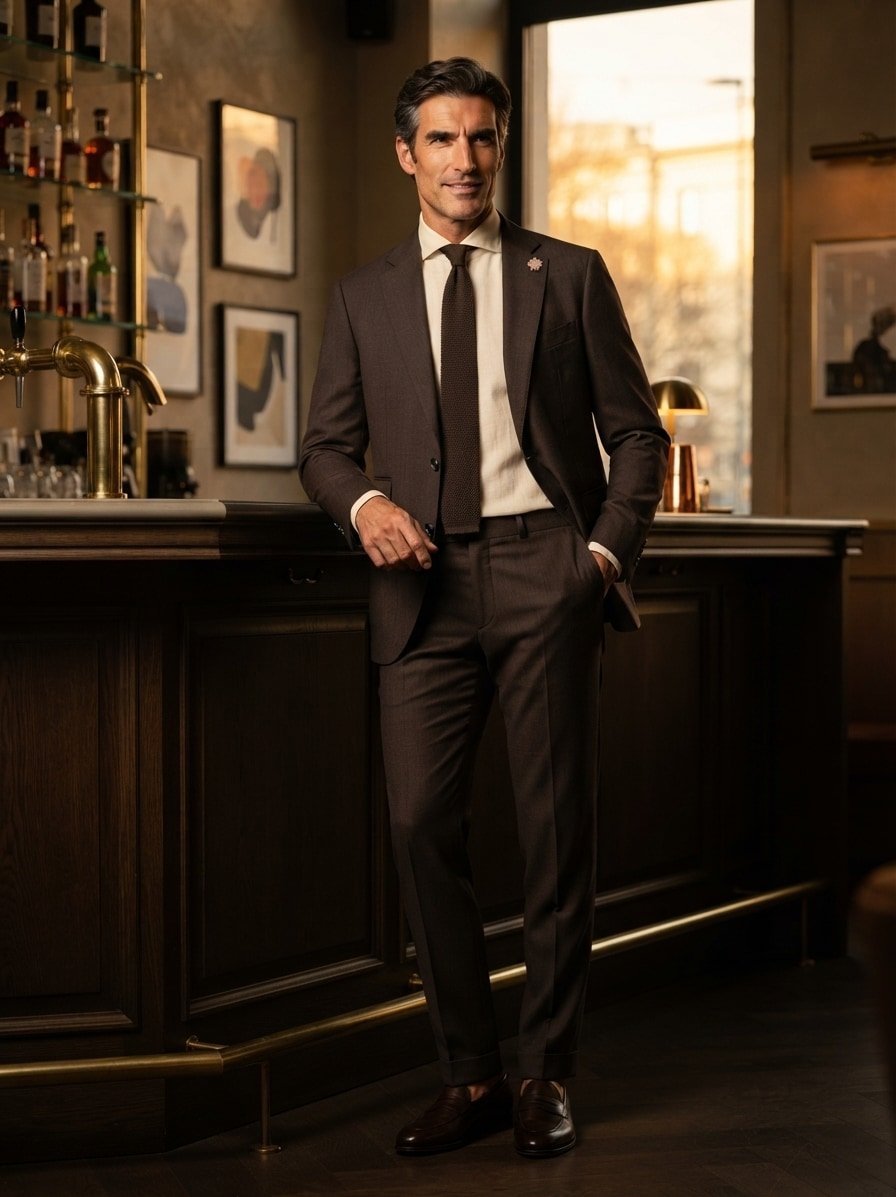 Anzug, Slim Fit, Schurwolle, dunkelbraun meliert