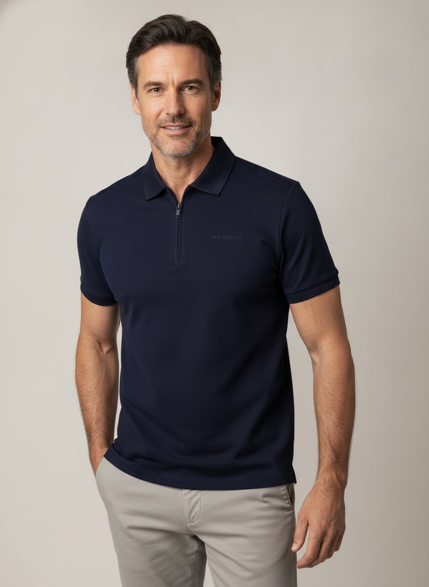 Zip-Polo, Jersey, navy