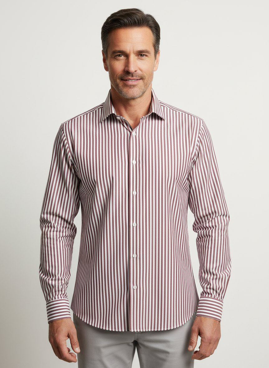 Hemd, New Modern, Twill, Kent, weiß-bordeaux gestreift