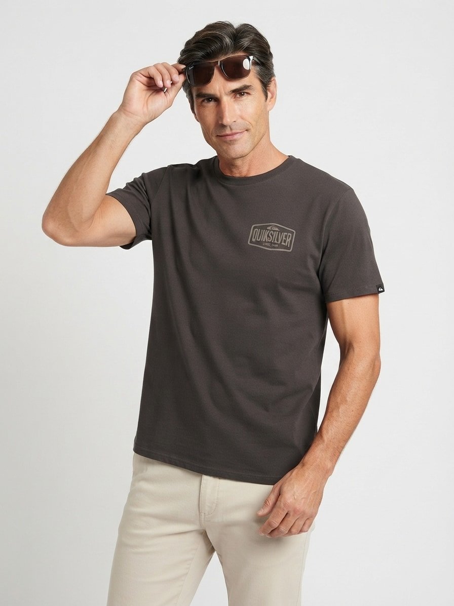 T-Shirt, Regular Fit, Baumwolle, Rückenprint, braun-grau-meliert