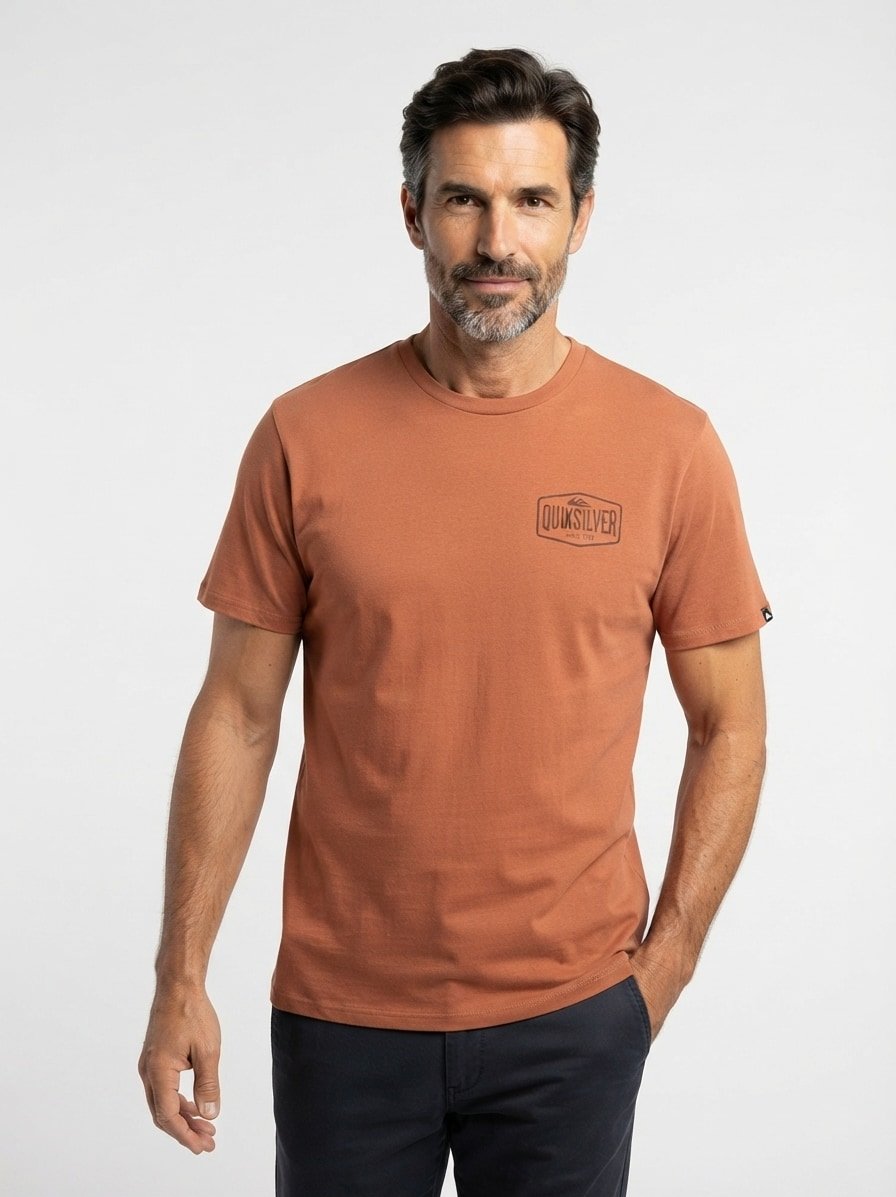 T-Shirt, Regular Fit, Baumwolle, Rückenprint, karamell-meliert