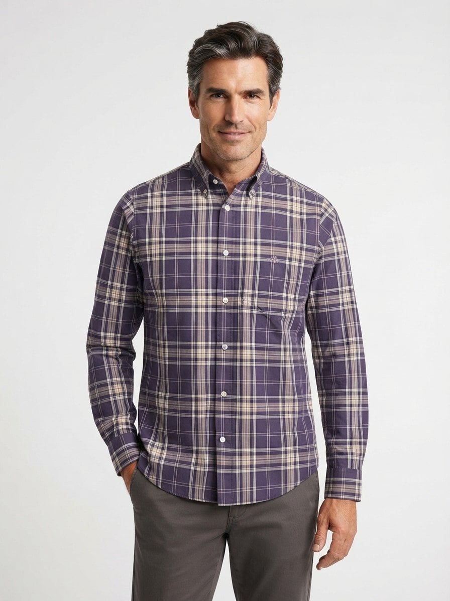 Hemd, Regular, Popeline, Button-Down, Brusttasche, taupe-grau kariert