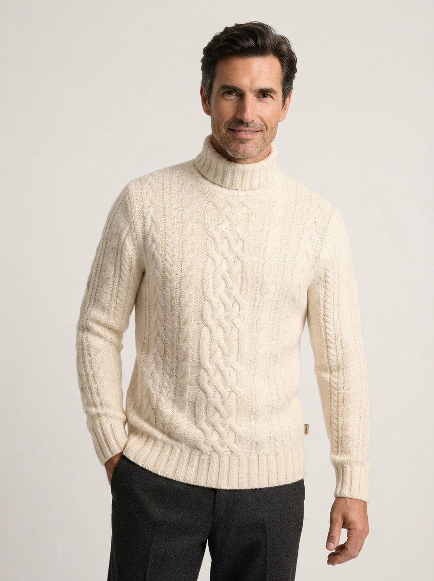 Rollkragenpullover, Lammwolle-Baumwolle, creme