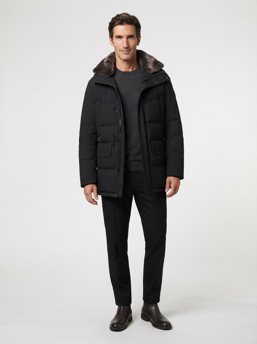 Steppjacke, Mikrofaser wasserabweisend, Kunstfellkragen, schwarz