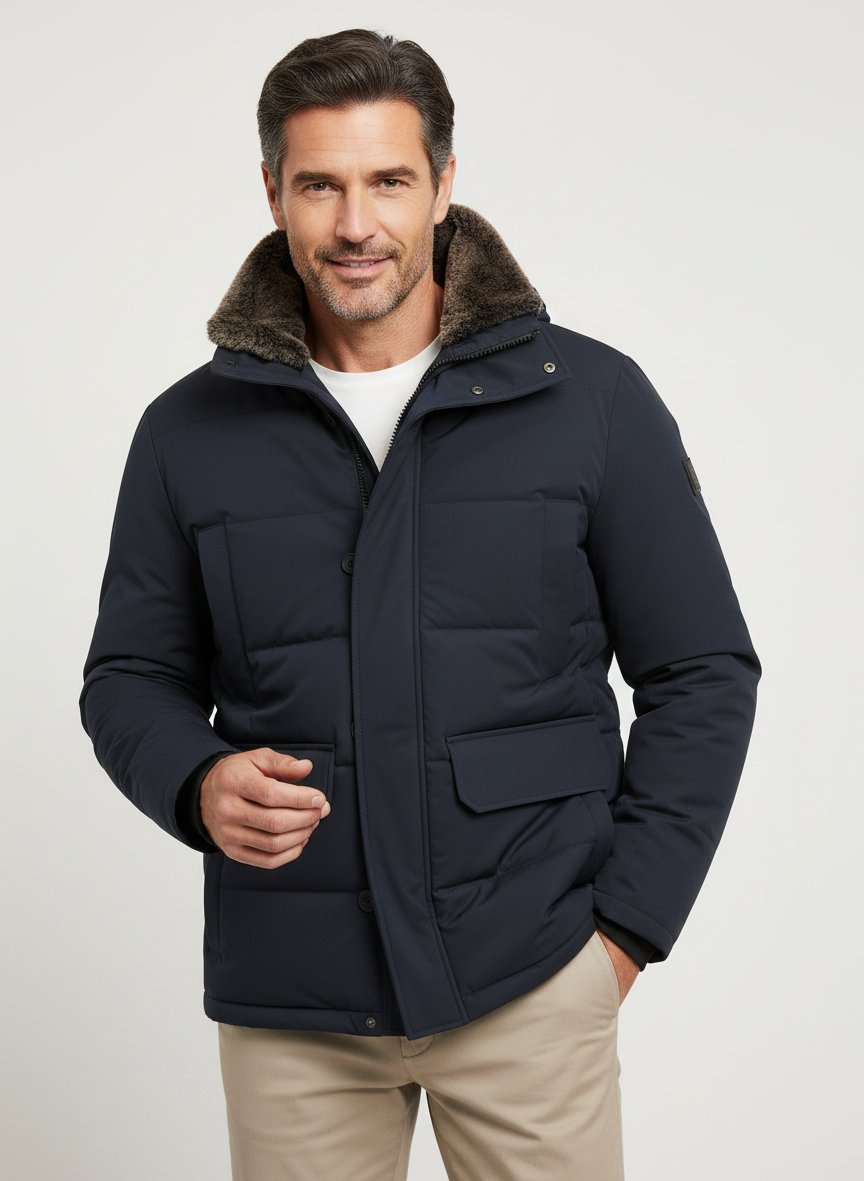 Steppjacke, Mikrofaser wasserabweisend, Kunstfellkragen, dunkelblau