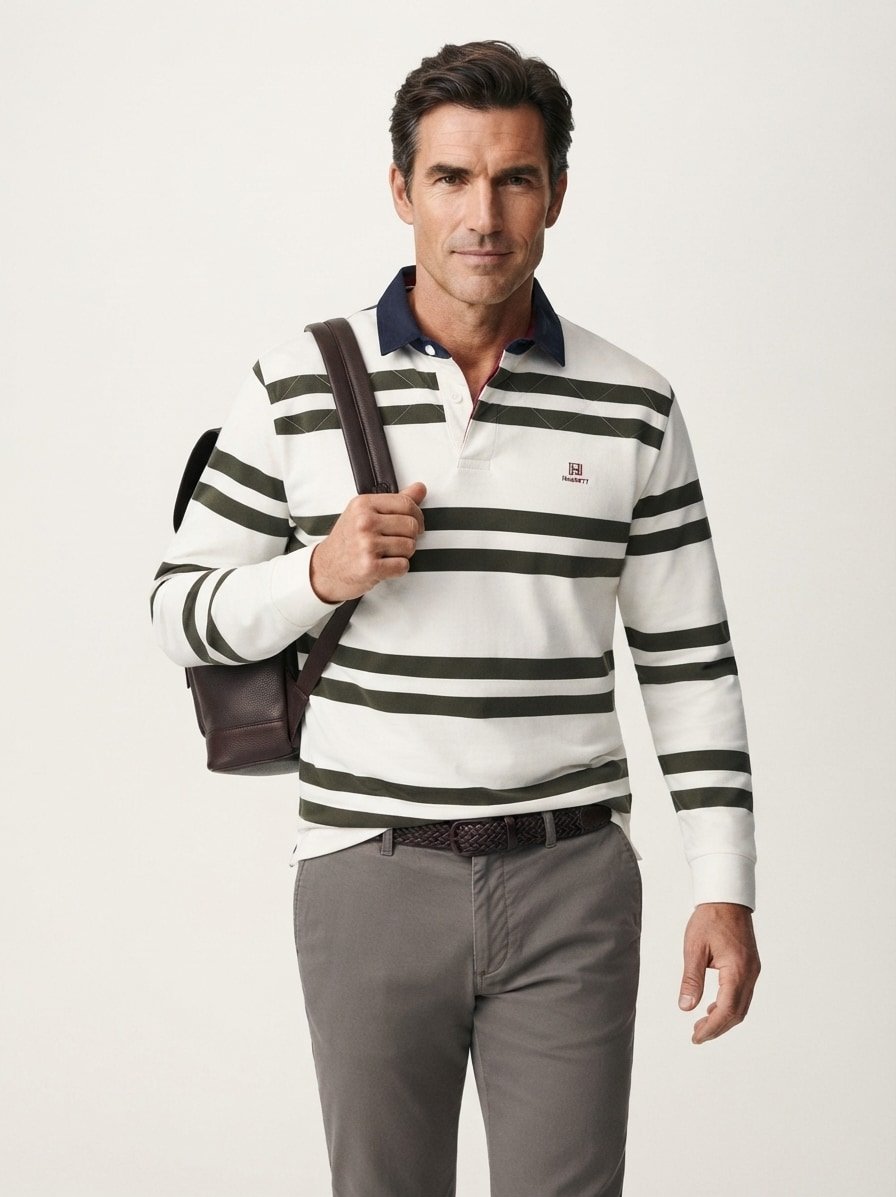 Pullover, Classic Fit, Baumwolle, ecru-dunkelgrün gestreift