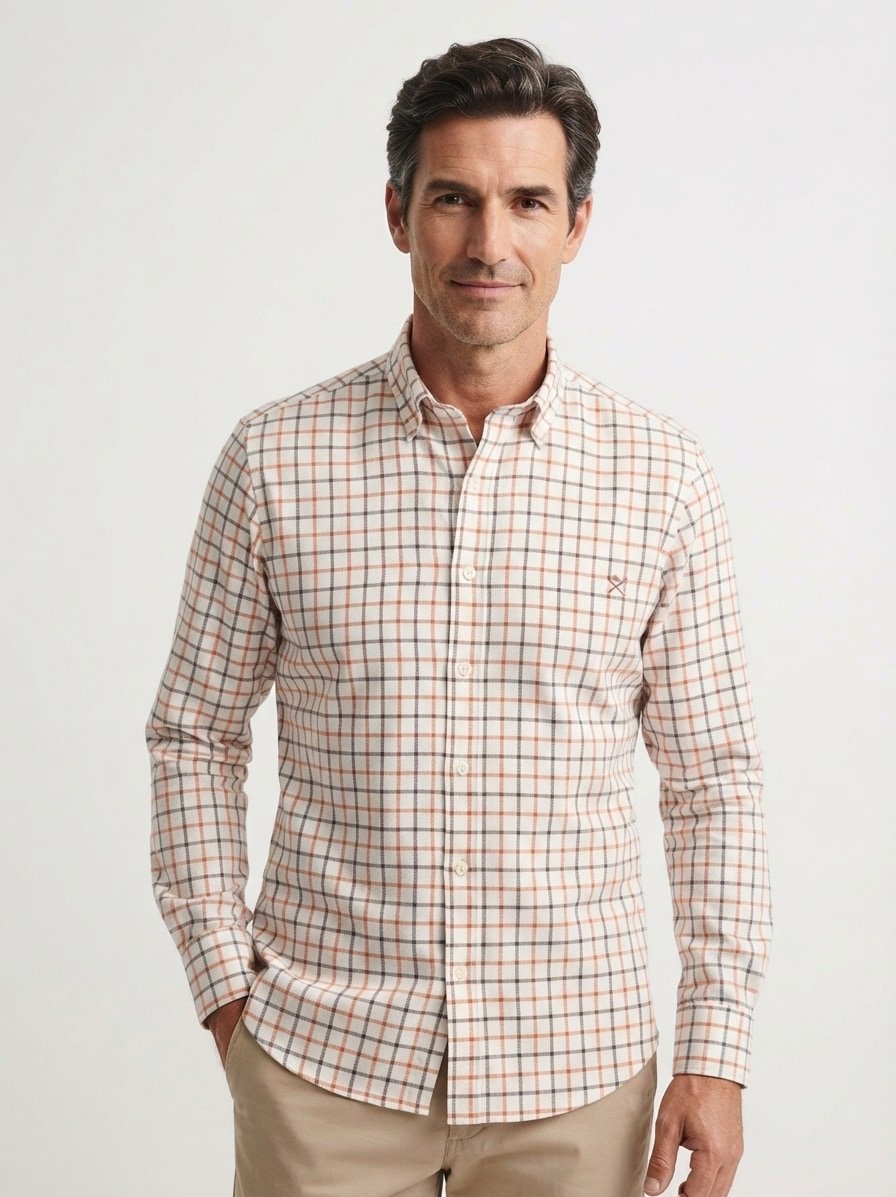 Hemd, Tailored, Flanell, Button-Down, weiß-orange kariert