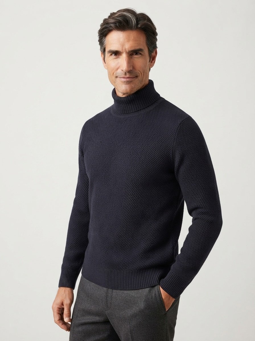 Rollkragenpullover Hamilton, Wolle, dunkelblau strukturiert
