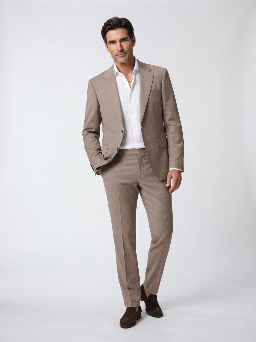 Anzug, Slim Fit, Woll-Stretch, dunkelbeige meliert