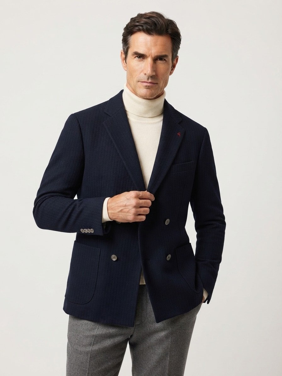 Zweireiher-Sakko, Slim Fit, Strick, dunkelblau
