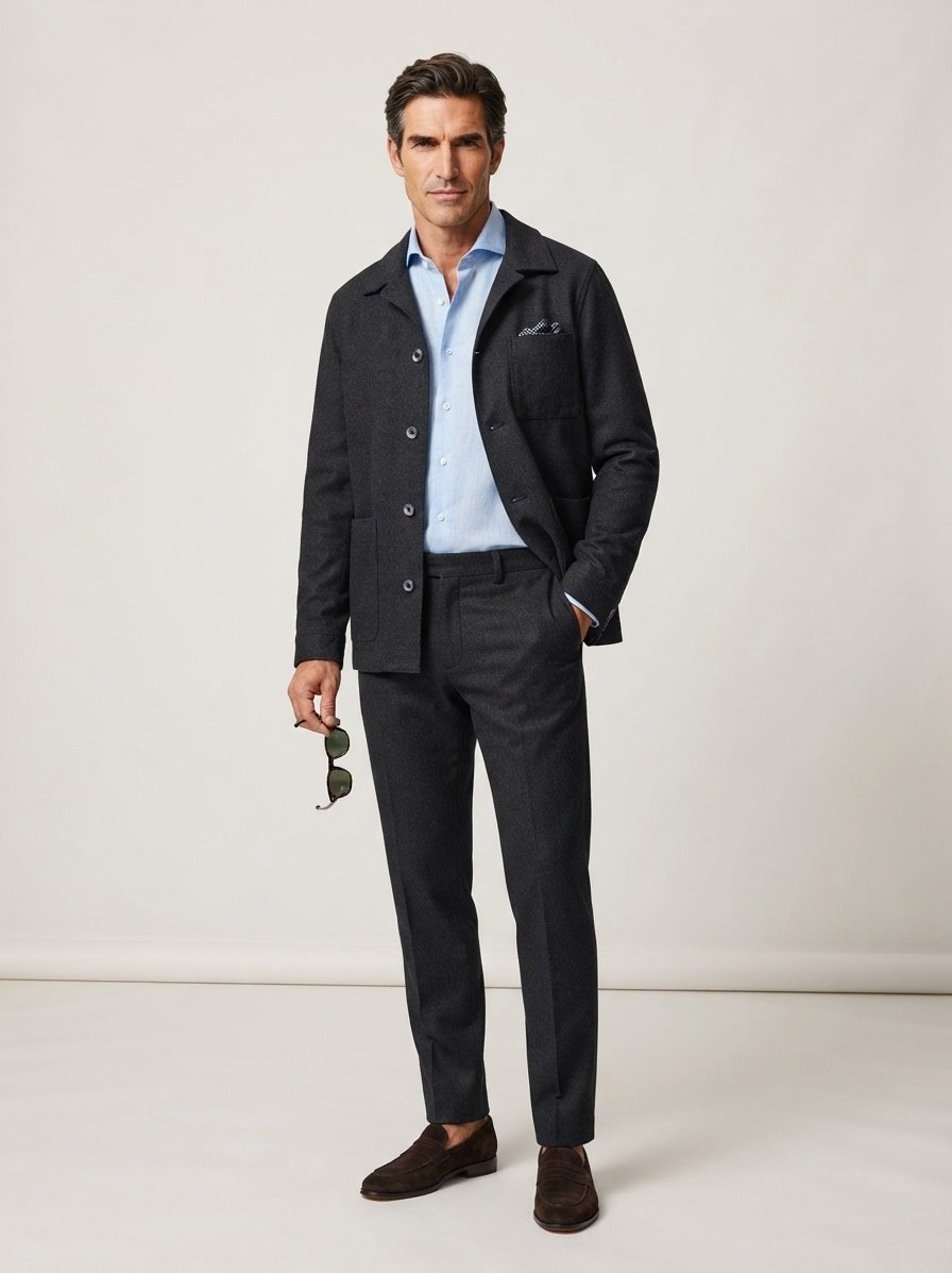 Overshirt-Zweiteiler, Flanell, dunkelblau meliert