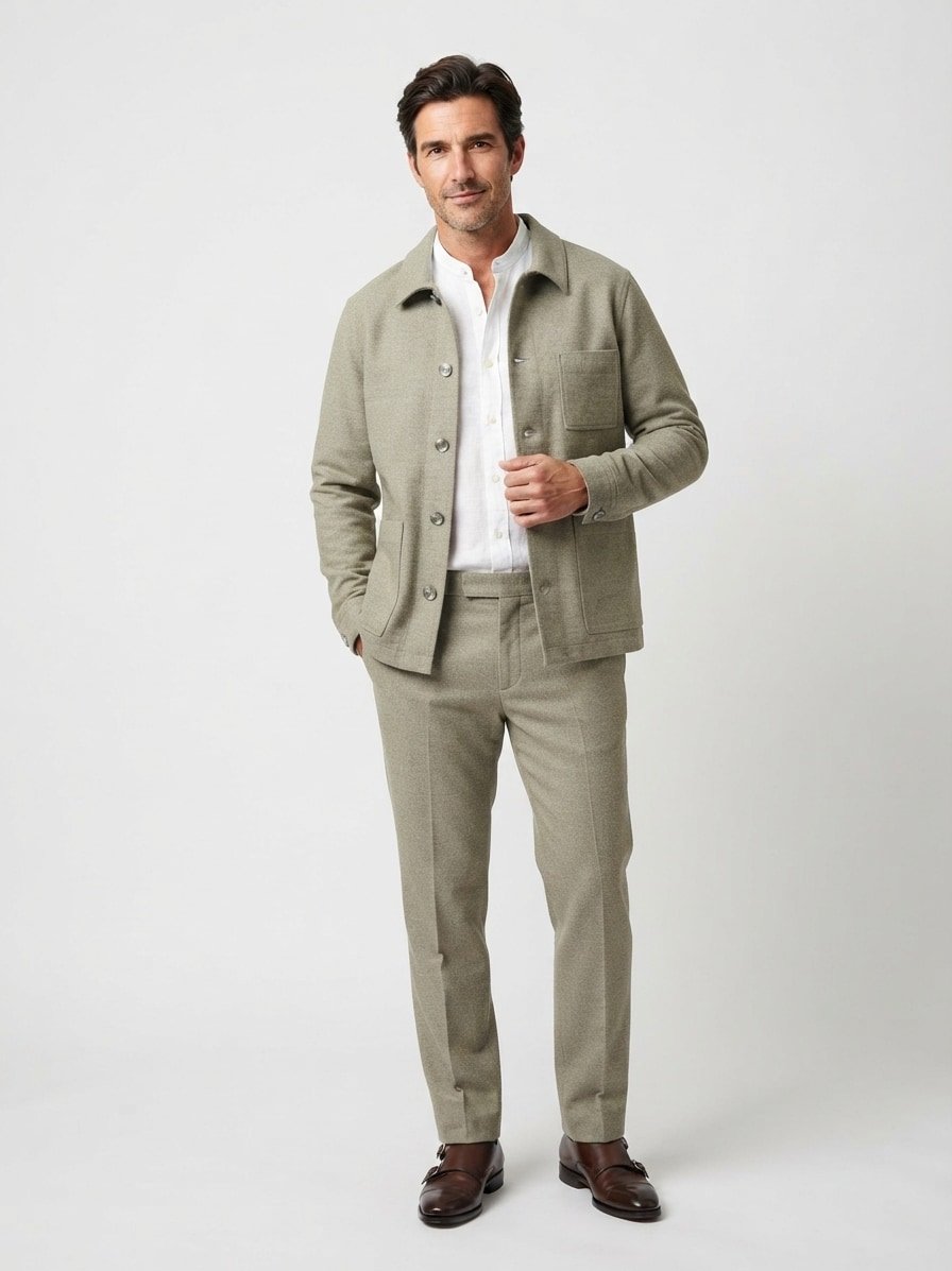 Overshirt-Zweiteiler, Flanell, greige meliert