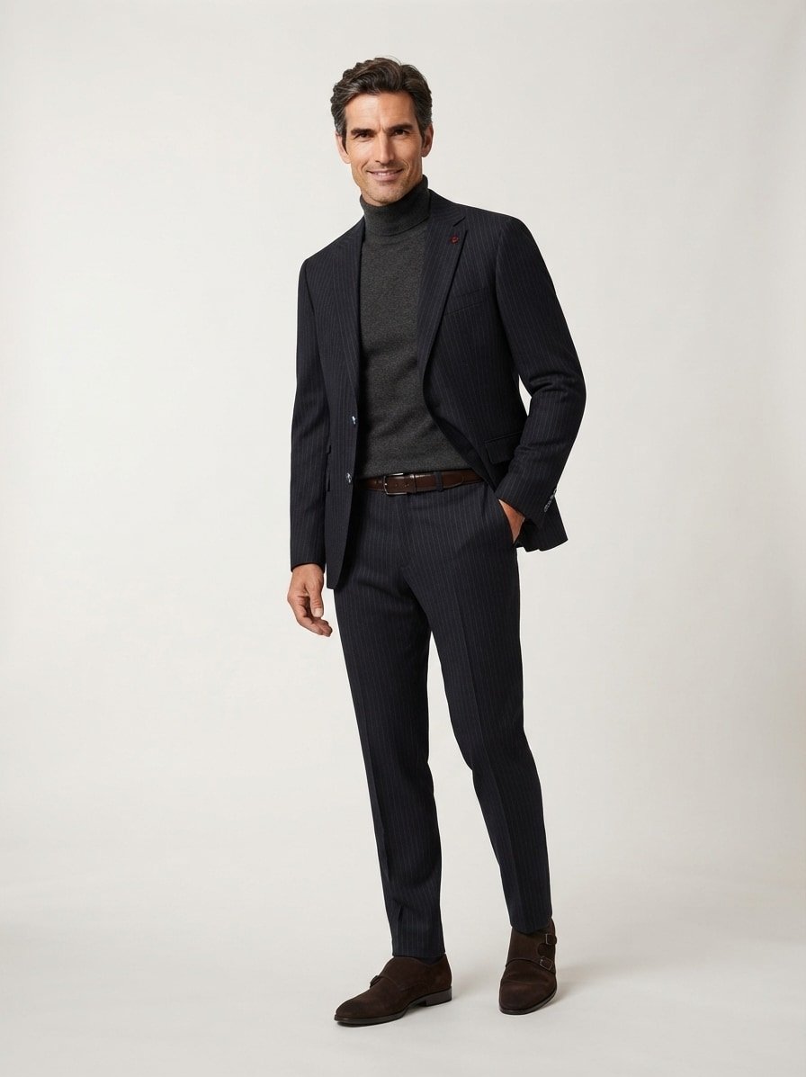 Anzug, Slim Fit, Flanell, dunkelblau nadelstreifen