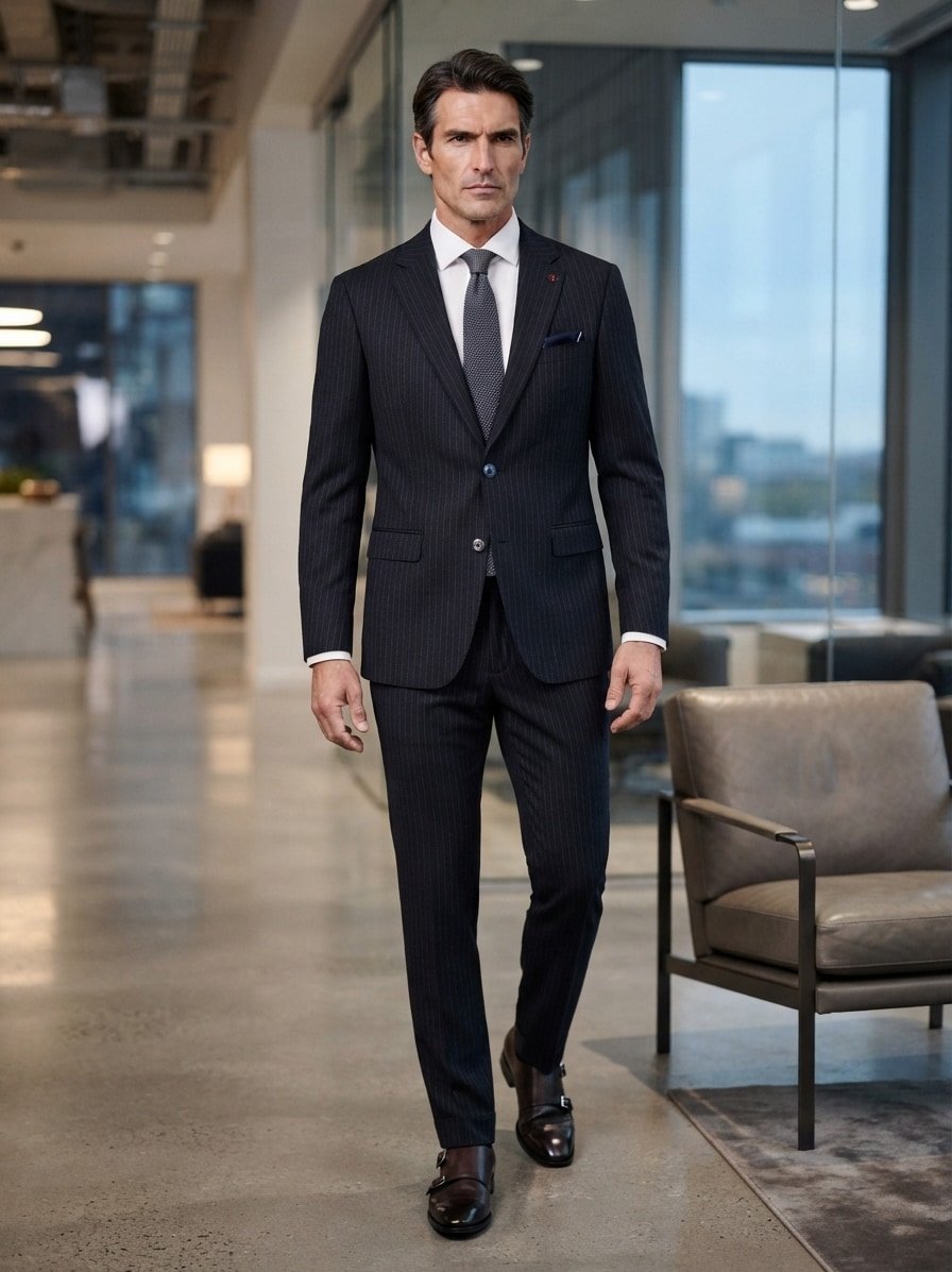 Anzug, Slim Fit, Flanell, dunkelblau nadelstreifen