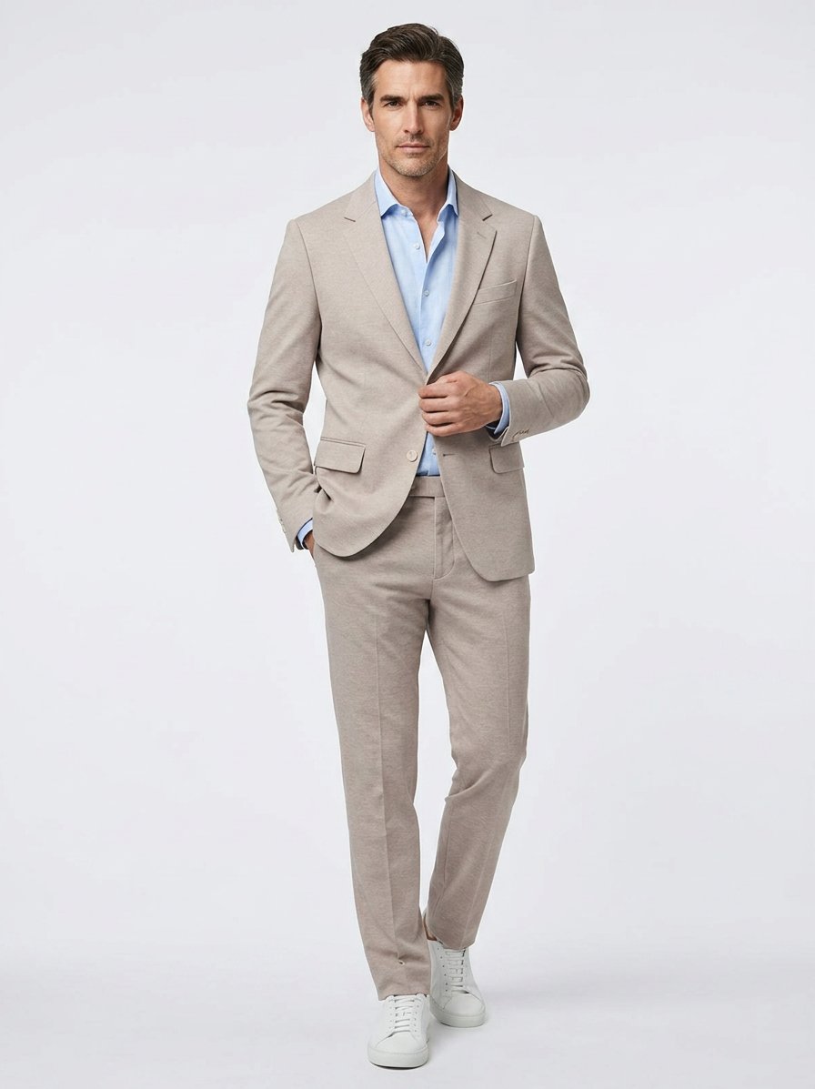 Anzug Huge-Genius, Slim Fit, Jersey, hellbeige gemustert
